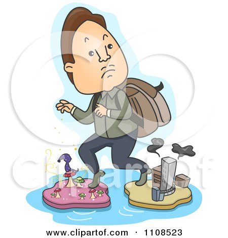 Clipart Man Escaping Reality And Stepping On Mushroom And City Islands - Royalty Free Vector Illustration by BNP Design Studio
