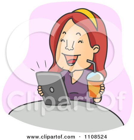 Clipart Woman Holding A Soda And Laughing While Using A Tablet Computer Over Purple - Royalty Free Vector Illustration by BNP Design Studio