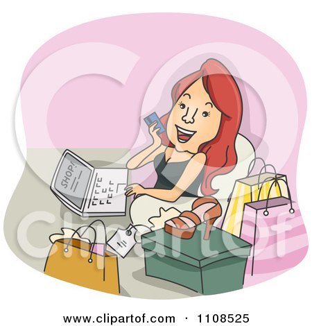 Clipart Happy Woman Shopping On Her Laptop Computer Over Pink - Royalty Free Vector Illustration by BNP Design Studio