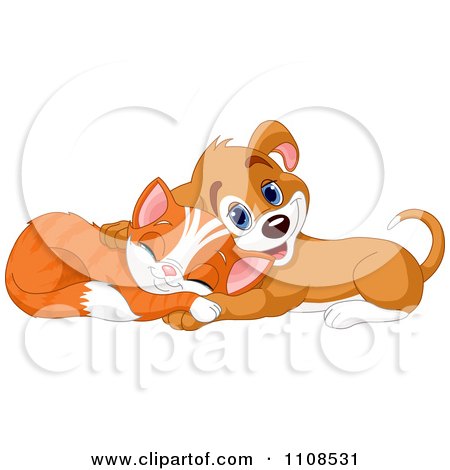 Clipart Cute Ginger Cat And Beagle Puppy Cuddling And Taking A Nap - Royalty Free Vector Illustration by Pushkin