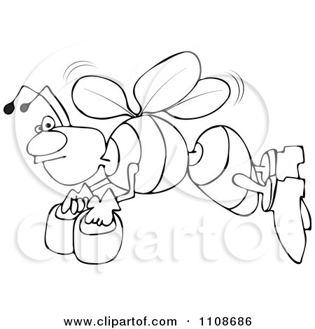 Clipart Outlined Angry Bee Flying With Honey Buckets - Royalty Free Vector Illustration by djart