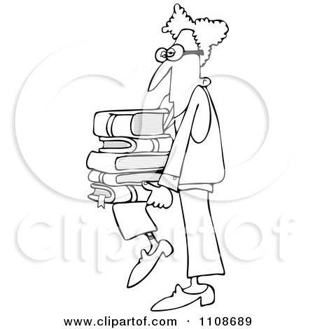 Clipart Outlined Geeky Man Supporting A Stack Of Books On His Knee - Royalty Free Vector Illustration by djart