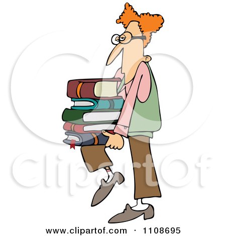 Clipart Geeky Man Supporting A Stack Of Books On His Knee - Royalty Free Vector Illustration by djart