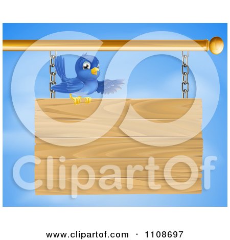 Clipart Bluebird Perched On And Presenting A Hanging Wood Sign Against A Sky - Royalty Free Vector Illustration by AtStockIllustration