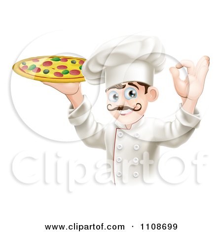 Clipart Chef Holding Up A Pizza Pie And Gesturing Ok - Royalty Free Vector Illustration by AtStockIllustration
