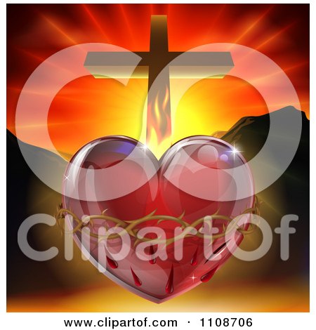 Clipart 3d Sacred Heart With Fire Thorns Mountains And A Cross - Royalty Free Vector Illustration by AtStockIllustration