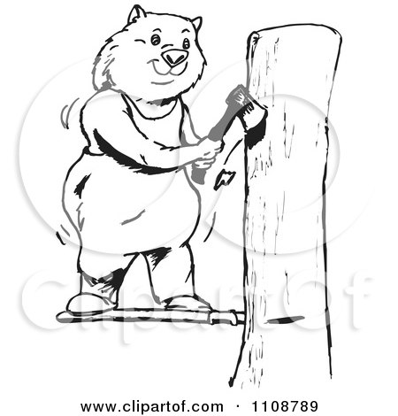Clipart Black And White Outlined Wombat Chopping Wood - Royalty Free Vector Illustration by Dennis Holmes Designs
