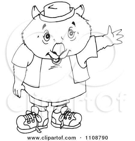 Clipart Black And White Outlined Wombat Waving - Royalty Free Vector Illustration by Dennis Holmes Designs
