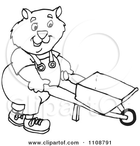Clipart Black And White Outlined Wombat Pushing A Wheelbarrow - Royalty Free Vector Illustration by Dennis Holmes Designs