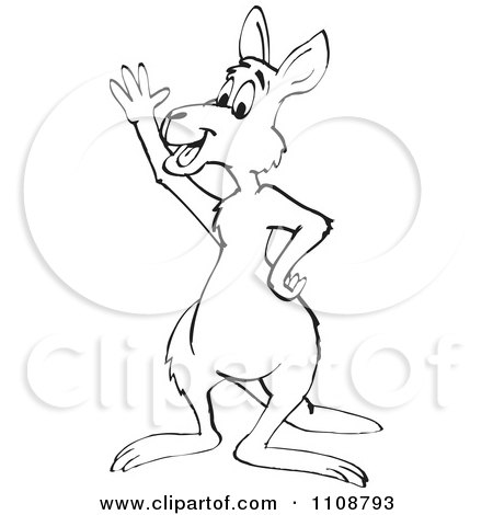 Clipart Black And White Outlined Kangaroo Waving - Royalty Free Vector Illustration by Dennis Holmes Designs