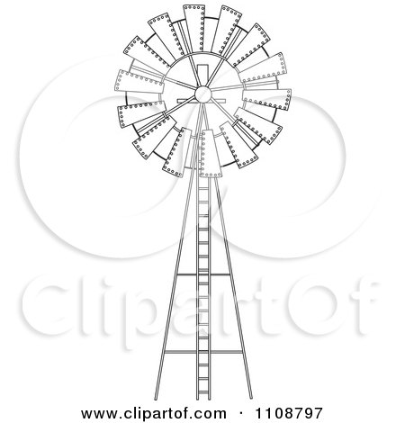 Clipart Black And White Outlined Windmill - Royalty Free Vector Illustration by Dennis Holmes Designs