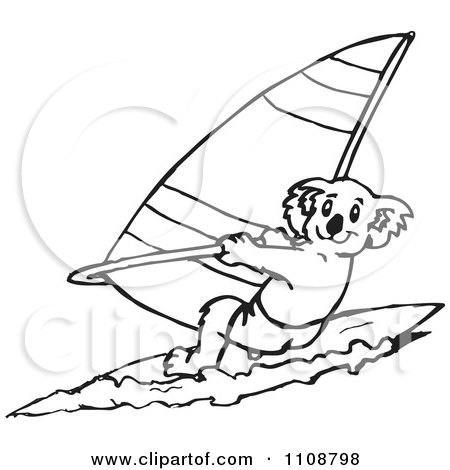 Clipart Black And White Outlined Koala Windsurfing - Royalty Free Vector Illustration by Dennis Holmes Designs