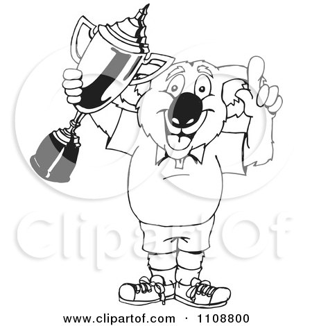 Clipart Black And White Outlined Winner Koala Holding A Trophy - Royalty Free Vector Illustration by Dennis Holmes Designs