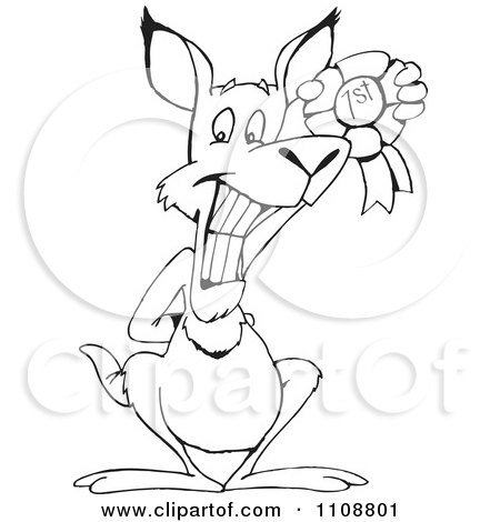 Clipart Black And White Outlined Kangaroo Holding A Winner Ribbon - Royalty Free Vector Illustration by Dennis Holmes Designs
