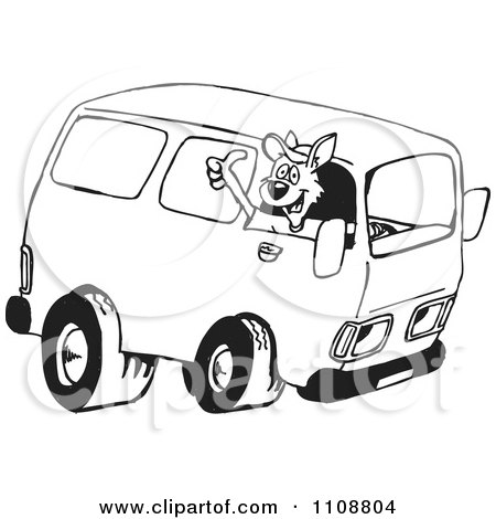 Clipart Black And White Outlined Kangaroo Driving A Van - Royalty Free Vector Illustration by Dennis Holmes Designs