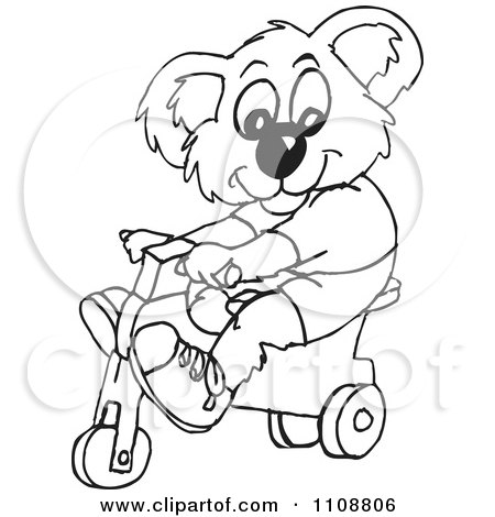Clipart Black And White Outlined Koala Riding A Trike - Royalty Free Vector Illustration by Dennis Holmes Designs
