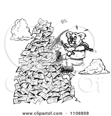 Clipart Black And White Koala Climbing A Mountain Of Paperwork - Royalty Free Vector Illustration by Dennis Holmes Designs