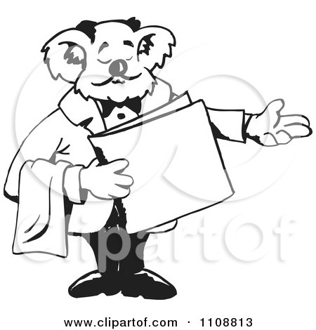 Clipart Black And White Waiter Koala Presenting - Royalty Free Vector Illustration by Dennis Holmes Designs