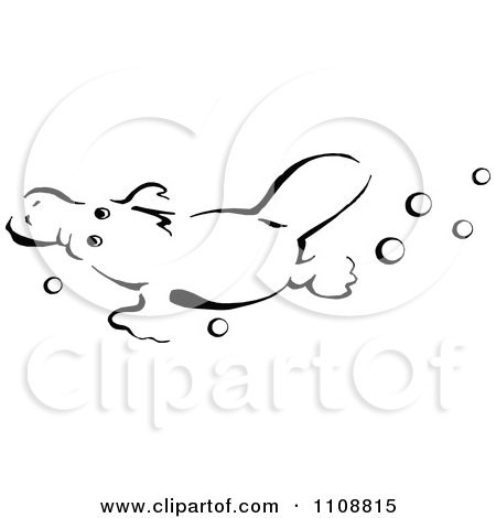 Clipart Black And White Platypus Swimming With Bubbles - Royalty Free Vector Illustration by Dennis Holmes Designs