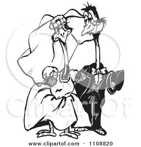 Clipart Black And White Outlined Emu Wedding Couple - Royalty Free Vector Illustration by Dennis Holmes Designs