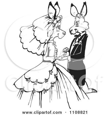 Clipart Black And White Kangaroo Wedding Couple - Royalty Free Vector Illustration by Dennis Holmes Designs
