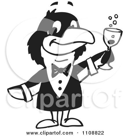 Clipart Black And White Penguin Waiter Holding Champagne - Royalty Free Vector Illustration by Dennis Holmes Designs