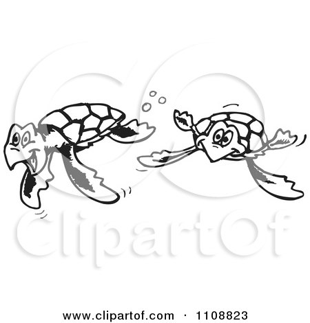 Clipart Black And White Outlined Swimming Sea Turtles - Royalty Free Vector Illustration by Dennis Holmes Designs