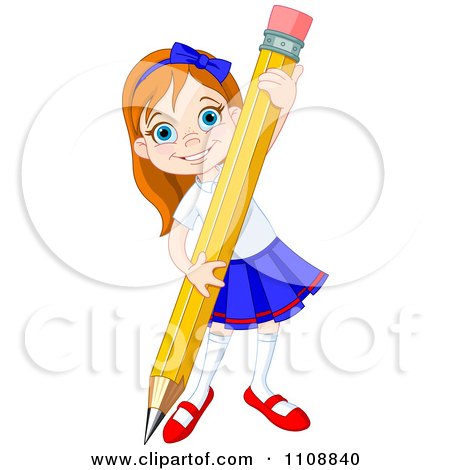 Clipart Happy School Girl Writing With A Giant Pencil - Royalty Free Vector Illustration by Pushkin