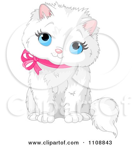 Clipart Cute White Kitten Sitting Looking Up And Wearing A Pink Ribbon Collar - Royalty Free Vector Illustration by Pushkin