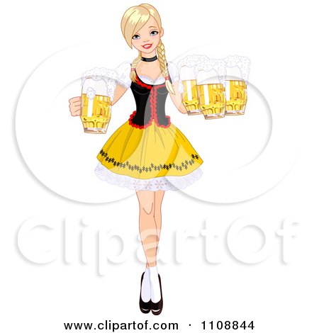 Clipart Blond Oktoberfest Beer Maiden In A Red Black And Yellow Costume - Royalty Free Vector Illustration by Pushkin