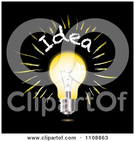 Clipart Glowing Idea Light Bulb On Black - Royalty Free Vector Illustration by michaeltravers