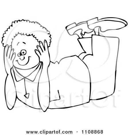 Clipart Outlined Boy Resting On His Belly And His Head Propped In His Hands - Royalty Free Vector Illustration by djart