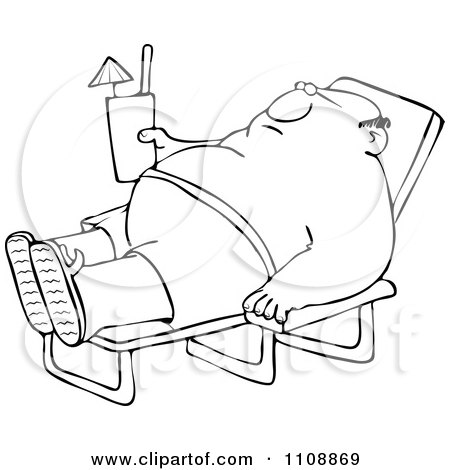 Clipart Outlined Chubby Man Sun Bathing And Holding A Beverage - Royalty Free Vector Illustration by djart