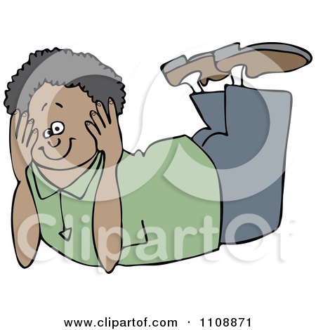 Clipart Happy Black Boy Resting On His Belly And His Head Propped In His Hands - Royalty Free Vector Illustration by djart