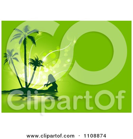 Clipart Silhouetted Woman Crouching On A Tropical Island Against Green And Magic Orbs - Royalty Free Vector Illustration by dero