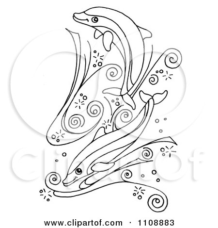 Clipart Black And White Dolphins Swimming In Swirl Waves - Royalty Free Illustration by LoopyLand