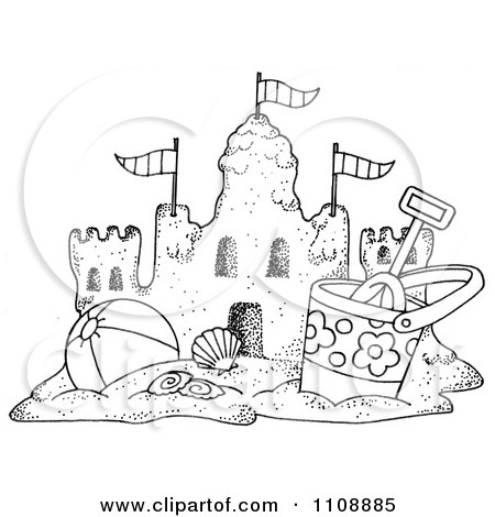 Clipart Black And White Beach Bucket And Ball By A Sand Castle - Royalty Free Illustration by LoopyLand