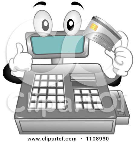 Clipart Cash Register Mascot Holding A Credit Card - Royalty Free Vector Illustration by BNP Design Studio