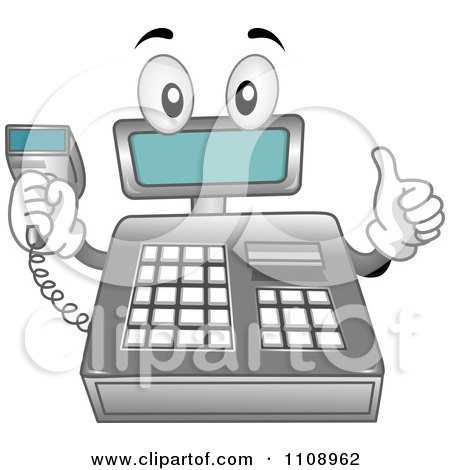 Clipart Cash Register Mascot Holding A Scanner Tool - Royalty Free Vector Illustration by BNP Design Studio