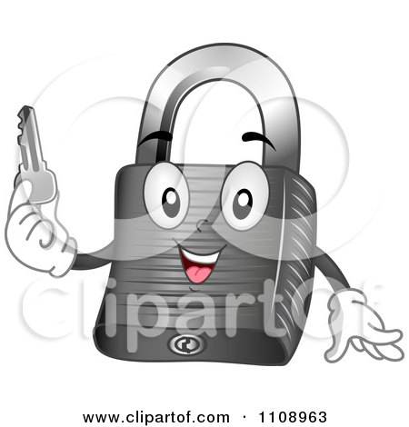 Clipart Happy Padlock Mascot Holding A Key - Royalty Free Vector Illustration by BNP Design Studio