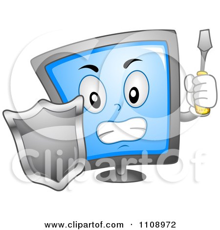 Clipart Computer Screen Mascot With A Shield Screwdriver - Royalty Free Vector Illustration by BNP Design Studio
