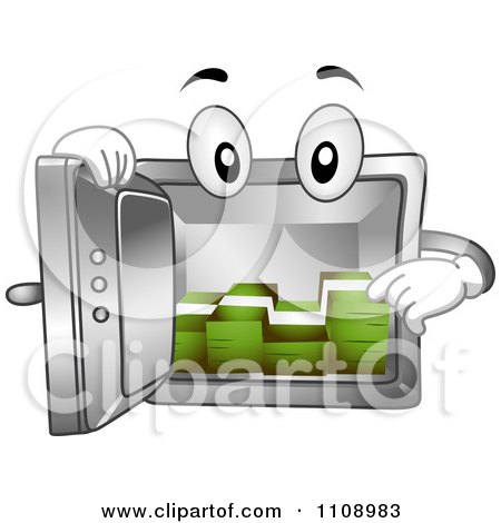 Clipart Vault Mascot With Cash - Royalty Free Vector Illustration by BNP Design Studio