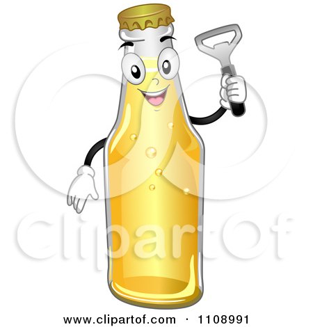 Clipart Happy Beer Bottle Mascot Holding An Opener - Royalty Free Vector Illustration by BNP Design Studio