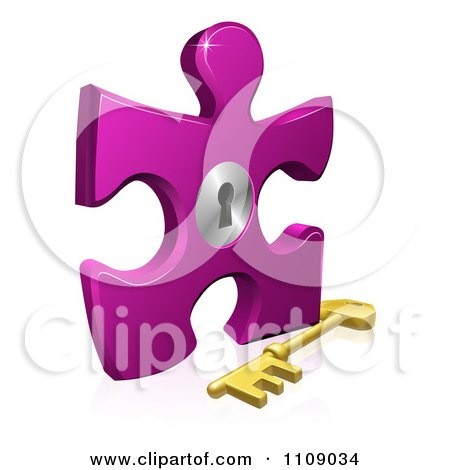 Clipart 3d Purple Puzzle Piece Lock With A Skeleton Key - Royalty Free Vector Illustration by AtStockIllustration