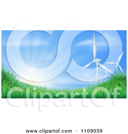 Clipart 3d Wind Turbines And Sunshine Over Grassy Hills For Green Sustainable Energy - Royalty Free Vector Illustration by AtStockIllustration