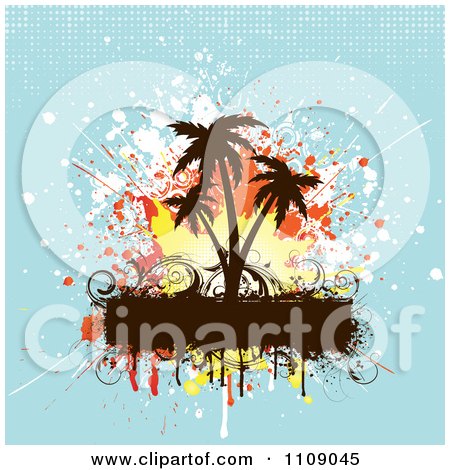 Clipart Grungy Palm Trees Splatters And Text Bar Over Blue With Halftone - Royalty Free Vector Illustration by KJ Pargeter