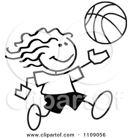 Clipart Black And White Sticker Basketball Player Girl - Royalty Free Vector Illustration by Johnny Sajem