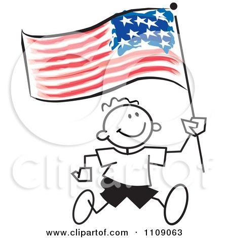 Clipart Sticker Boy Running With An American Flag - Royalty Free Vector Illustration by Johnny Sajem