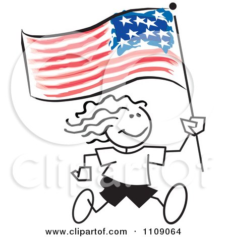 Clipart Sticker Girl Running With An American Flag - Royalty Free Vector Illustration by Johnny Sajem