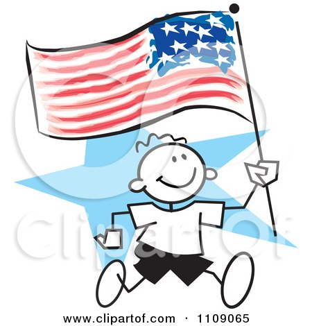 Clipart Sticker Boy Running With An American Flag Over A Blue Star - Royalty Free Vector Illustration by Johnny Sajem